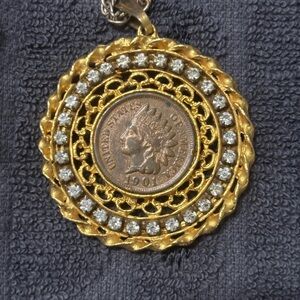 Vintage-Inspired Gold Silver Toned Indian Head Penny Coin Necklace Rhinestones